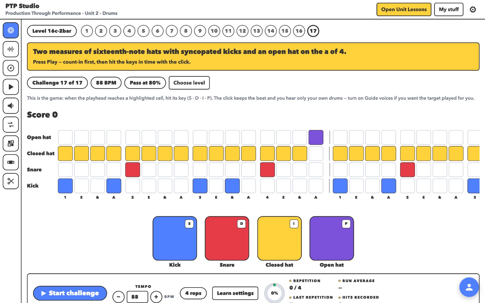 The Drums tool with a sixteen step grid, four pads, and a groove running at 88 beats per minute.