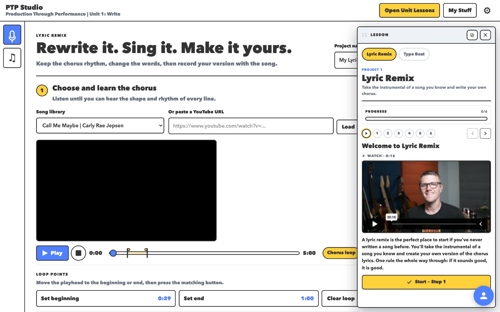 The Lyric Remix project: a song from the library, loop points around the chorus, and the lesson open on the right.