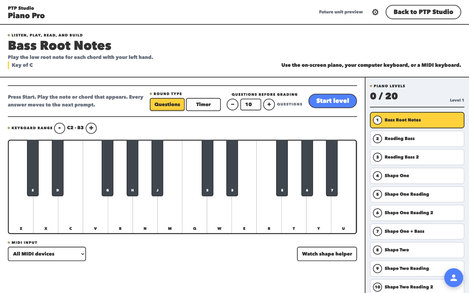 The Piano tool showing an on screen keyboard, a list of levels, and a MIDI input picker.