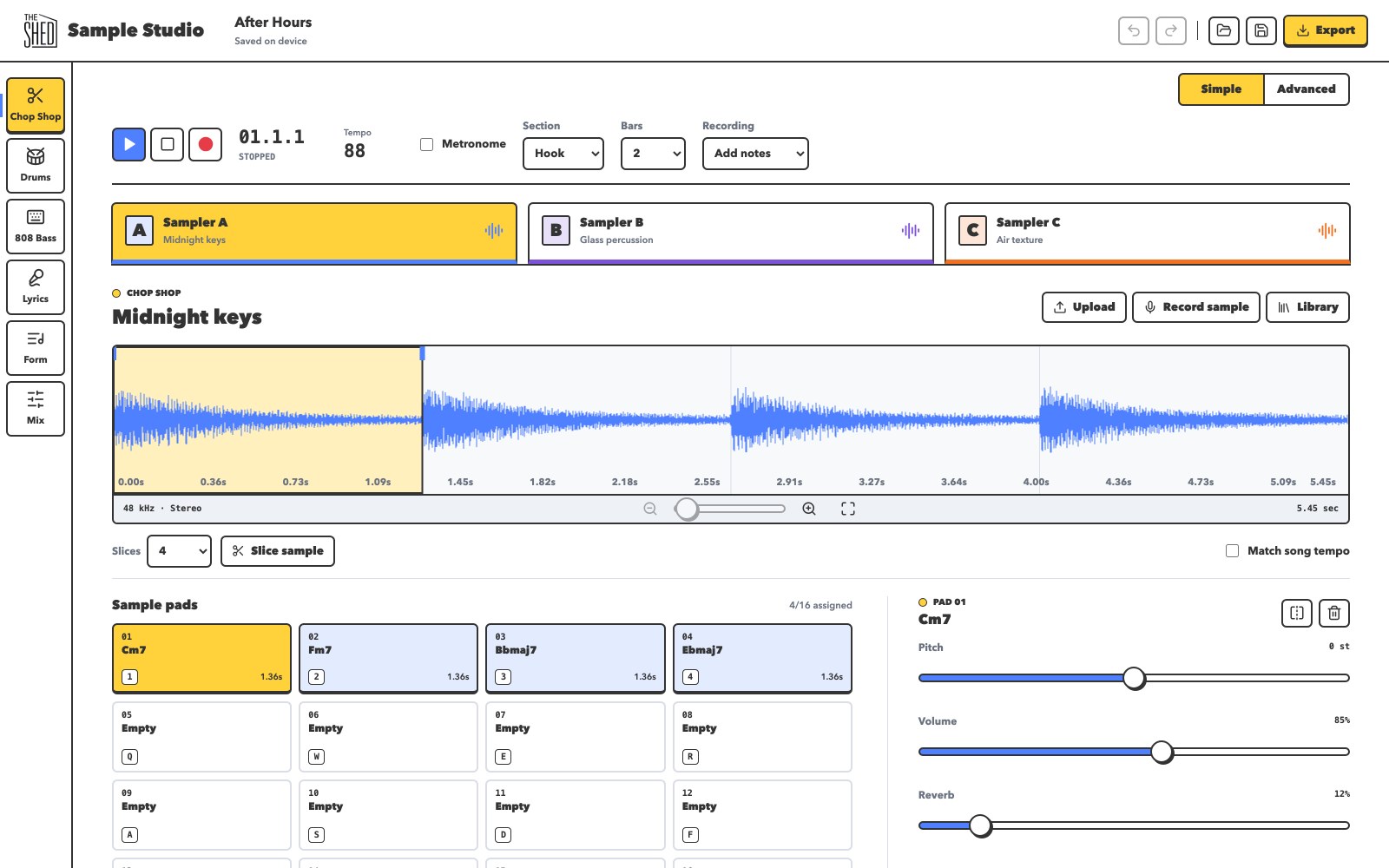 Sample Studio with a chopped sample waveform, three samplers, and four pads loaded with chords.