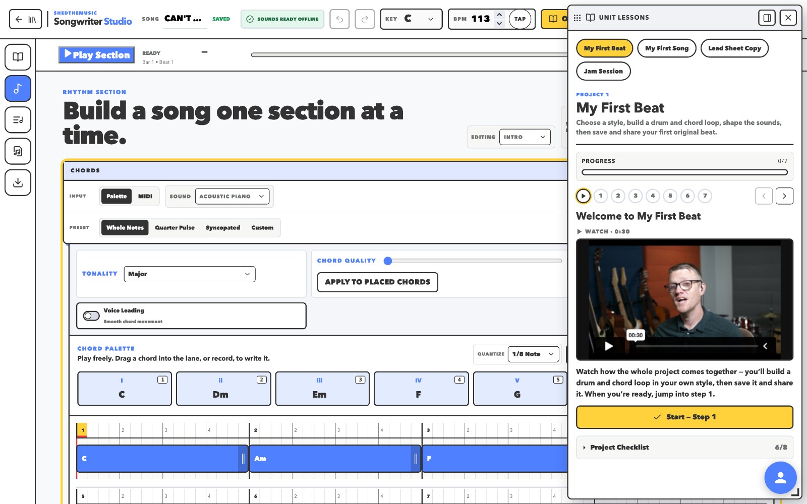Songwriter Studio with the lesson open beside the chord palette, showing the steps and a short video.