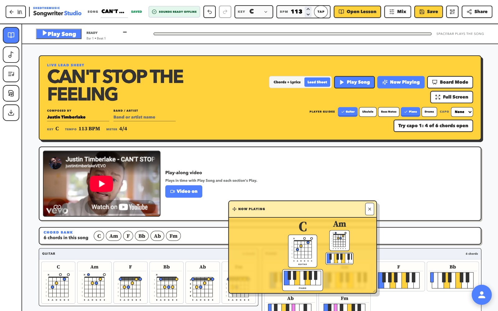 Songwriter Studio Live Lead Sheet for Can't Stop the Feeling: a yellow header with key, tempo and player guides, the Guitar and Piano guides switched on so every chord shows a guitar chord chart and a piano chart, a play-along video, a chord bank, and a Now Playing window showing C and A minor with both diagrams.