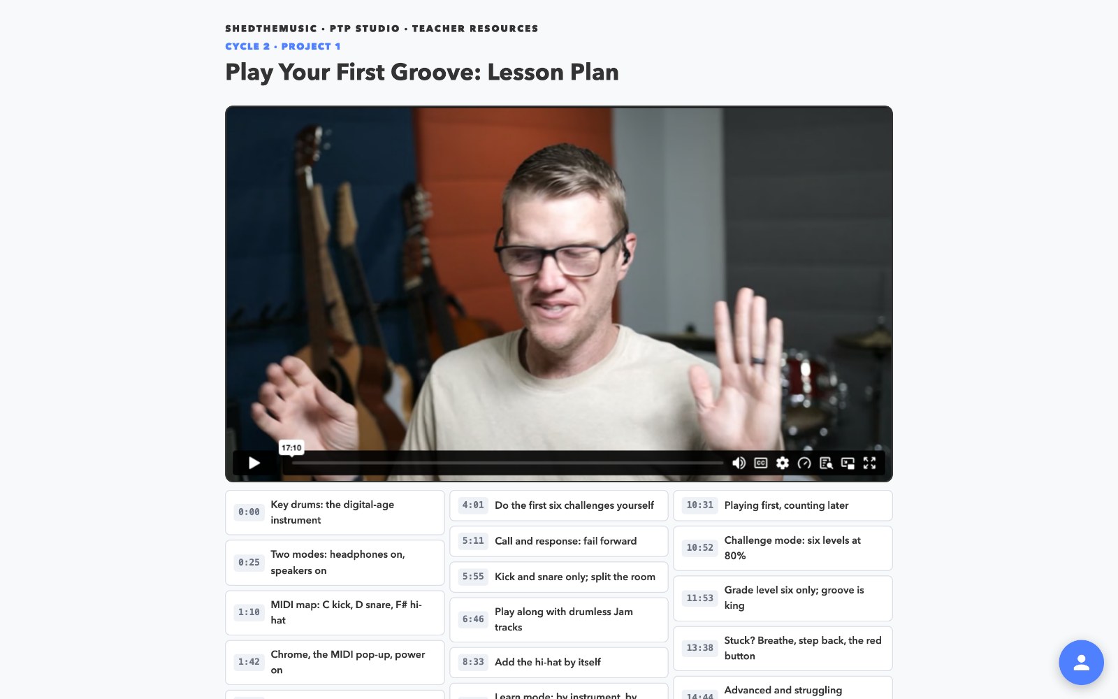 A teacher lesson plan page with a lesson plan video and a grid of chapter links.